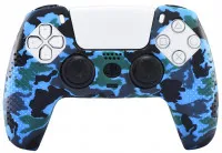 Защитный силиконовый чехол + 2 накладки на стики для геймпада Playstation DualSense Синий Камуфляж (PS5)