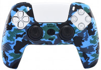 Защитный силиконовый чехол + 2 накладки на стики для геймпада Playstation DualSense Синий Камуфляж (PS5)